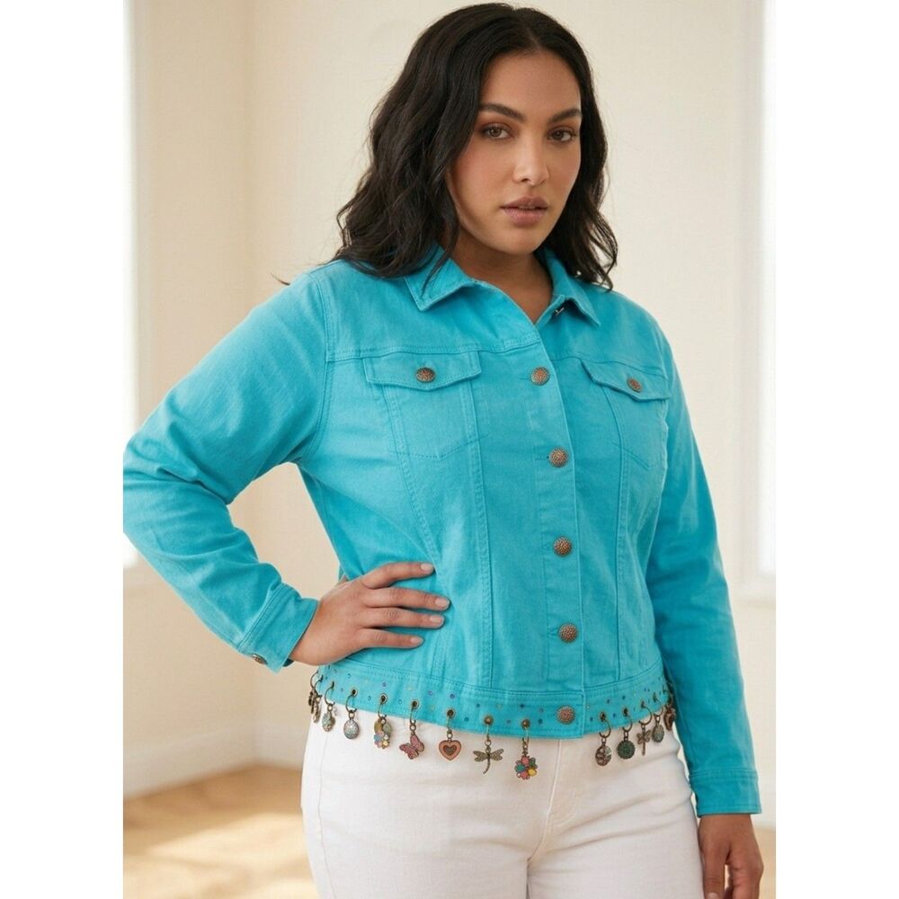 Vintage DG2 by Diane Gilman Turquoise Embellished Denim Jacket Womens XL